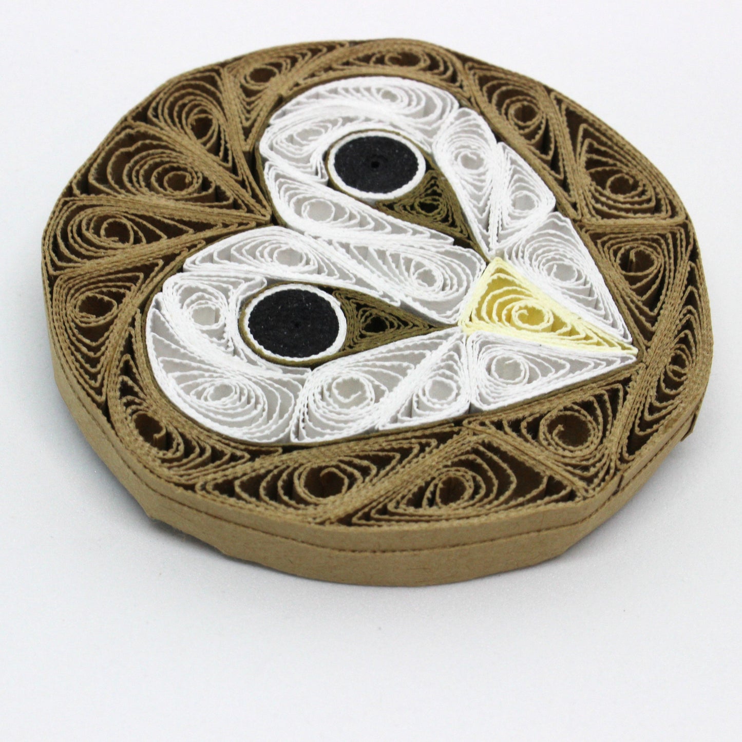 side angle view of quilled barn owl magnet