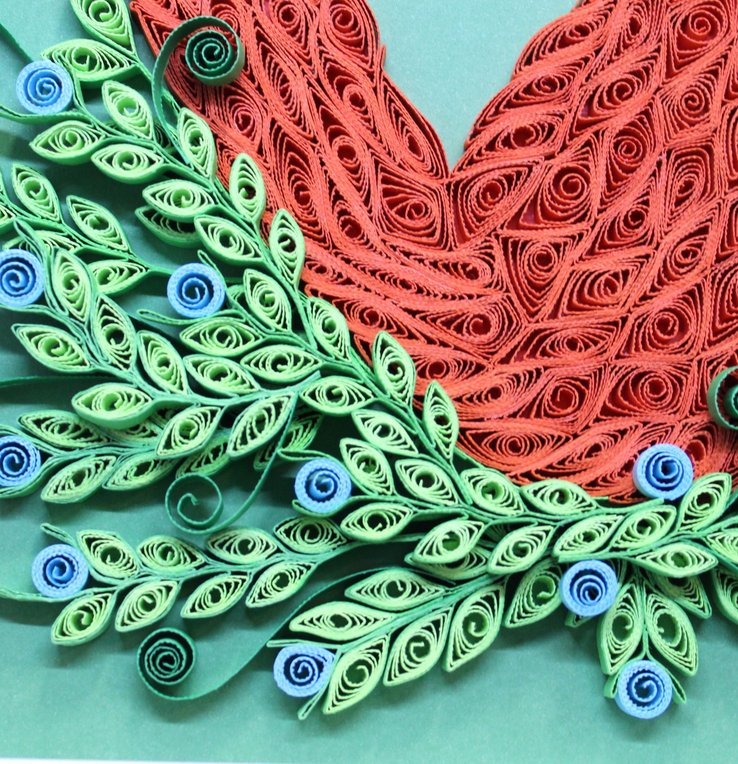 close up of quilled blue wildflower details of red fox artwork
