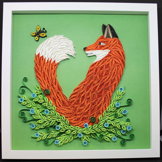 quilled paper red fox sitting in blue wildflowers watching a yellow butterfly