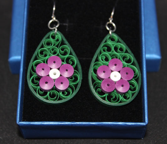 Quilled earrings - Green/Purple Floral Teardrops