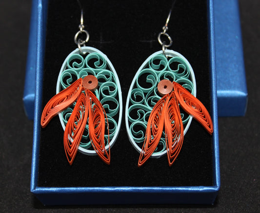 Quilled earrings - Teal/Orange Feathered Ovals
